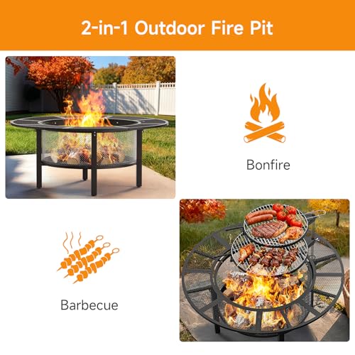 ONBRILL 2-in-1 47 Inch Fire Pit with 2 Swivel Cooking Grills, Outdoor Wood Burning Firepit with Poker for BBQ, Bonfire, Picnic, Party, Round Metal Fire Pit for Outside, Backyard, Patio - Image 3