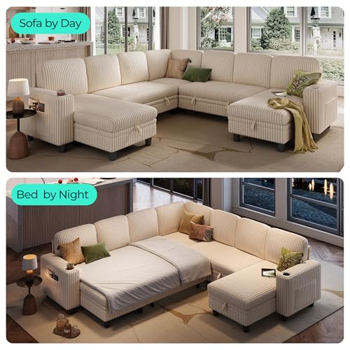 Image of LINSY HOME Sectional Sleeper Sofa with Pull Out Couch Bed - Convertible Plush Corduroy Cloud Couches with Storage Chaise & USB Charging, Comfy Modular Couch for Living Room, Beige