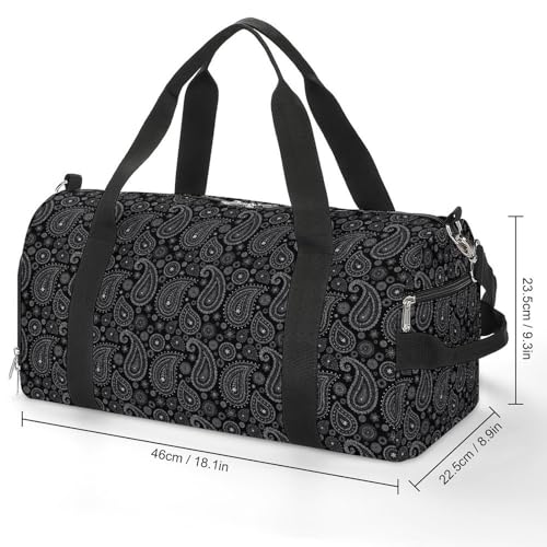 Black And White Paisley-bandana-pattern Sports Tote Gym Bag for Women Men, Overnight Bag with Shoe Compartment Water Resistant2