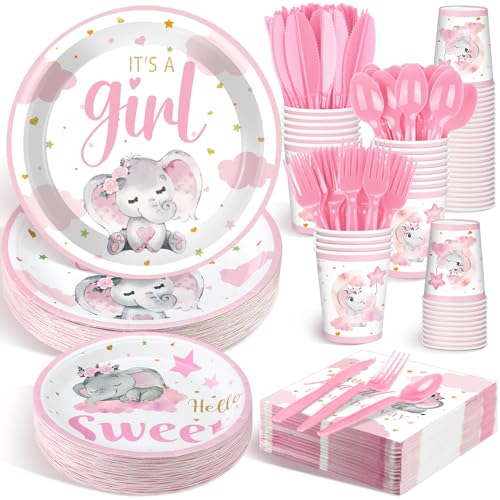 Dandat 350 Pcs Baby Shower Plates & Tableware Set (Elephant, Pink)
