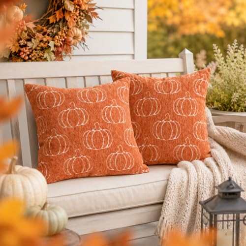 Image of Fall Pumpkin Chenille Pillow Covers, Autumn Decor(Orange,18x18) | Double-sided pumpkin and plaid designs, thick chenille texture, hidden zipper, for couch, sofa, bed, farmhouse autumn decor