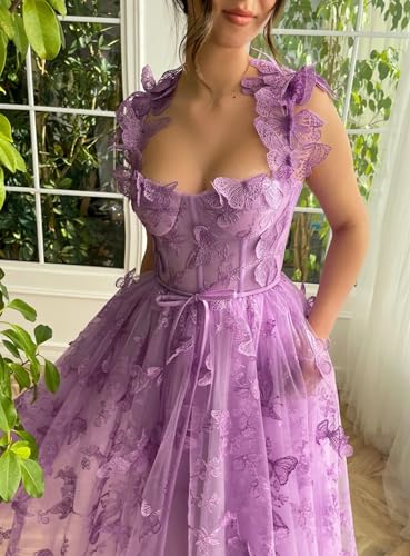 Cudiew 3D Butterfly Tulle Prom Dresses for Women Tea Length Lace Appliques Formal Evening Party Gowns 20243