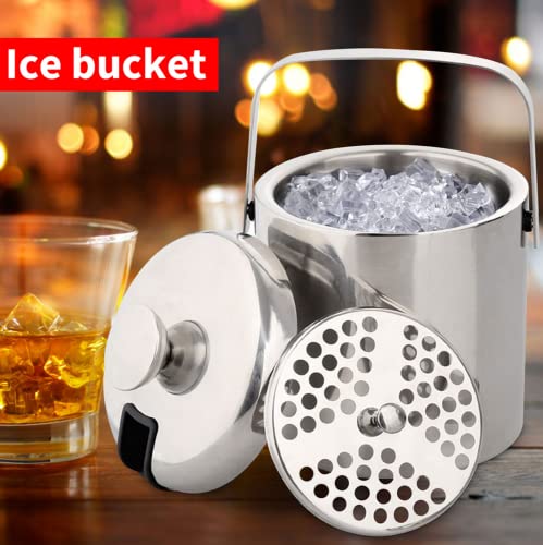 SKEIDO Stainless steel Ice Bucket Ice Cube Container Double Walled 1.3 Liter Ice Container with Tongs and Lid Ice Container