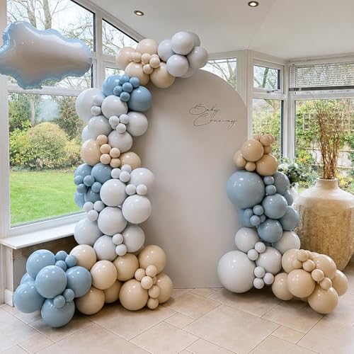 Image of Dusty Blue Balloons, 60 PCS 12 Inch Fog Slate Pastel Blue White Sand Cream Beige Gray Latex Balloon for Baby Boy Shower Bridal Shower Wedding Bachelorette Gender Reveal Birthday Party Decorations