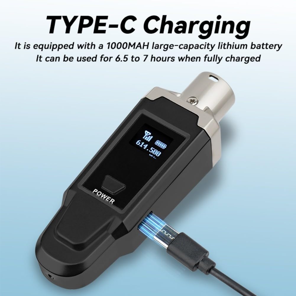 UHF Sistema Microfoni Wireless con Trasmettitore XLR Plug-On, Alimentazione 48V, Ricarica Tipo-C, Bassa Latenza per Microfoni Dinamici e a Condensatore, Nero