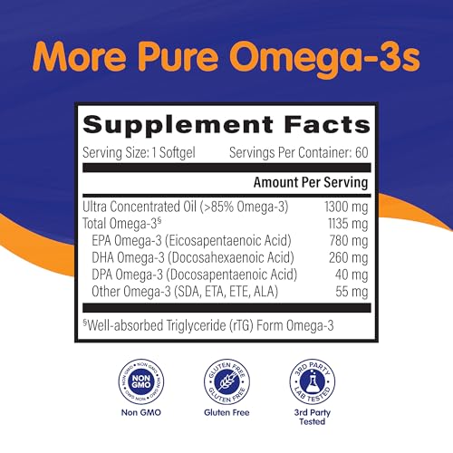 OmegaVia Ultra Concentrated Omega 3 Fish Oil Burpless, 60 Softgels, Triple Strength Omega 3 Fish Oil Supplements, 1135 mg Pure Omega3, No Fishy Burps, High EPA DHA DPA, IFOS 5-Star - Image 4