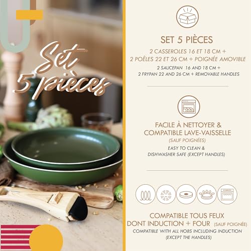MENASTYL - Removable stackable cookware - Suitable for all heat sources, including induction - PFAS-free non-stick ceramic coating - Colorama range - Olive colour - 2 frying pans + 2 saucepans + 1 - Image 3
