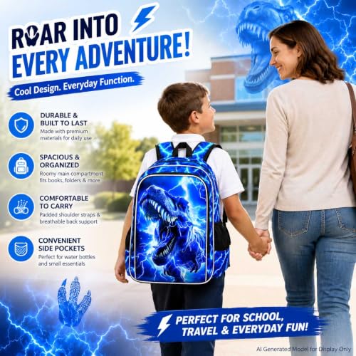 Image of 17 inch Dinosaur Backpack, Boys Lightning Kids Bookbag with Lunch Box, 3Pcs Dino School Backpacks for Elementary Preschool Kindergarten (Blue)