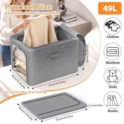Image of 8 Pack Clothes Storage Bins with Metal Frame Foldable Clothing Storage Bins with Lids 49L Stackable Storage Box for Closet Fabric Organizer with Clear Window for Sweaters T-Shirts Bedding,Light Grey