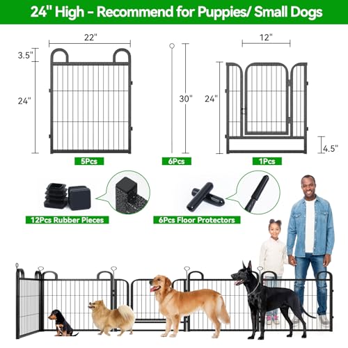 Image of Puppy Playpen 6 Panels Small Dog Fence Outdoor Indoor Use 24 inch Height | Anti-Rust with Doors Portable Dog Play Pen for RV Camping Yard, Total 11FT, 10 Sq.ft, Snowy Black