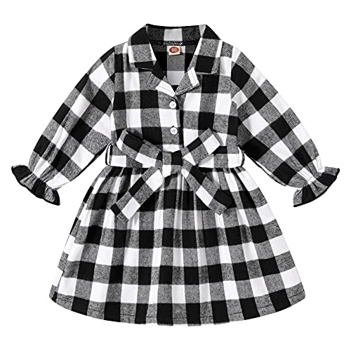 Happy Town Toddler Baby Girl Plaid Dress Fall Long Sleeve Belted Button Down Shirts Baby Girl's Clothing (Black&White, 2-3 T)