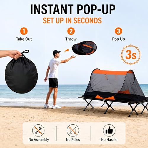 Image of Pop up Mosquito Tent for Camping, 86.6 x 41 x 35 Inch Bug Net Tent with Instant Automatic Setup, Lightweight Portable Screen Net Fits Most Camping Cot for Outdoor Hiking Travel(Orange)