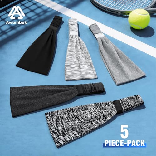Image of AWUMBUK Sports Headbands for Men, Sweat Bands Headbands Men Absorbent Head Band Stretchy Sweatbands 5 Pack Hair Band Workout Football Running Cycling Fitness (Dark Blue)