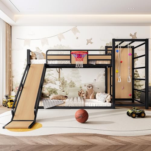 Bellemave Twin Size Bunk Bed with Basketball Hoop Pull-up Rings and Climbing Wall Twin Bunk Bed with Slide and Bookcase Heavy Duty Bunk Beds with Guardrail Natural