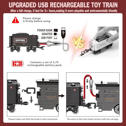 Image of Electric Train Sets for Kids Metal Alloy Christmas Train Toys Steam Locomotive, Glowing Passenger Carriages, Luxury Tracks, Light & Sounds Rechargeable Birthday Gifts for Boys Girls Red 