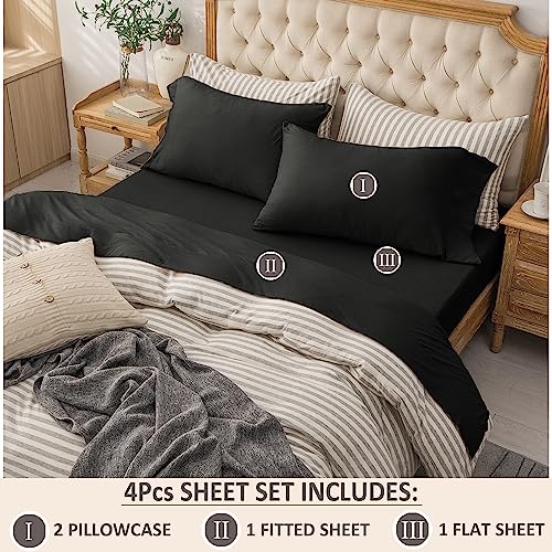 PURE ERA Jersey Knit 4pc Bed Sheet Set 100% T-Shirt Cotton Super Soft Comfy Breathable Fits Mattress Up to 20" Extra Deep Pocket (Solid Black, King)