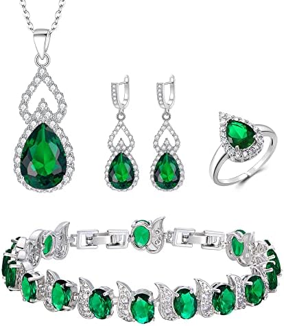 Mayfox Bridal Cubic Zirconia Open Ring Bracelet Necklace Dangle Earrings Set, Green Oval Birthstone Wedding Jewelry Set for Bride, Valentine's Day/Mother's Day/Thanksgiving/Christmas/Birthday Gifts for Girlfriend/Lady/Wife/Mother