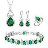 Mayfox Bridal Cubic Zirconia Open Ring Bracelet Necklace Dangle Earrings Set, Green Oval Birthstone