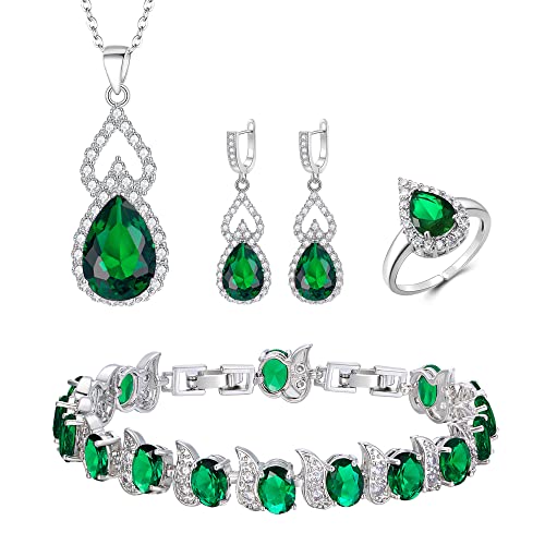 Mayfox Bridal Cubic Zirconia Open Ring Bracelet Necklace Dangle Earrings Set, Green Oval Birthstone Wedding Jewelry Set For Bride, Valentine's Day/Mother's Day/Thanksgiving/Christmas/Birthday Gifts For Girlfriend/Lady/Wife/Mother #TOP30