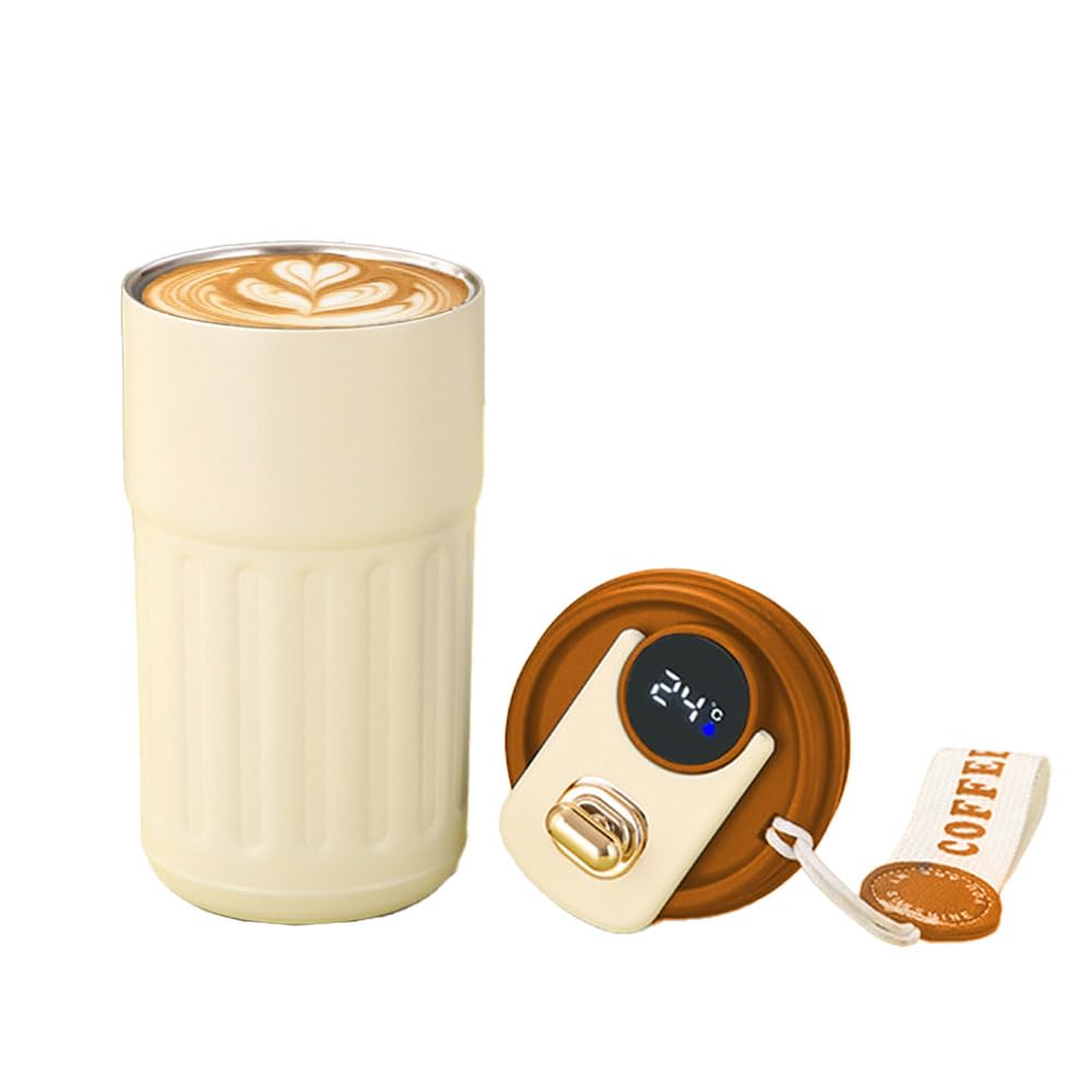 Coffee Thermos with Temperature Display, Coffee Cups with Lids, Portable Stainless Steel Insulated Mug with Handle, Both Hot & Cold, Men Women Traveler Cup (White+Brown)