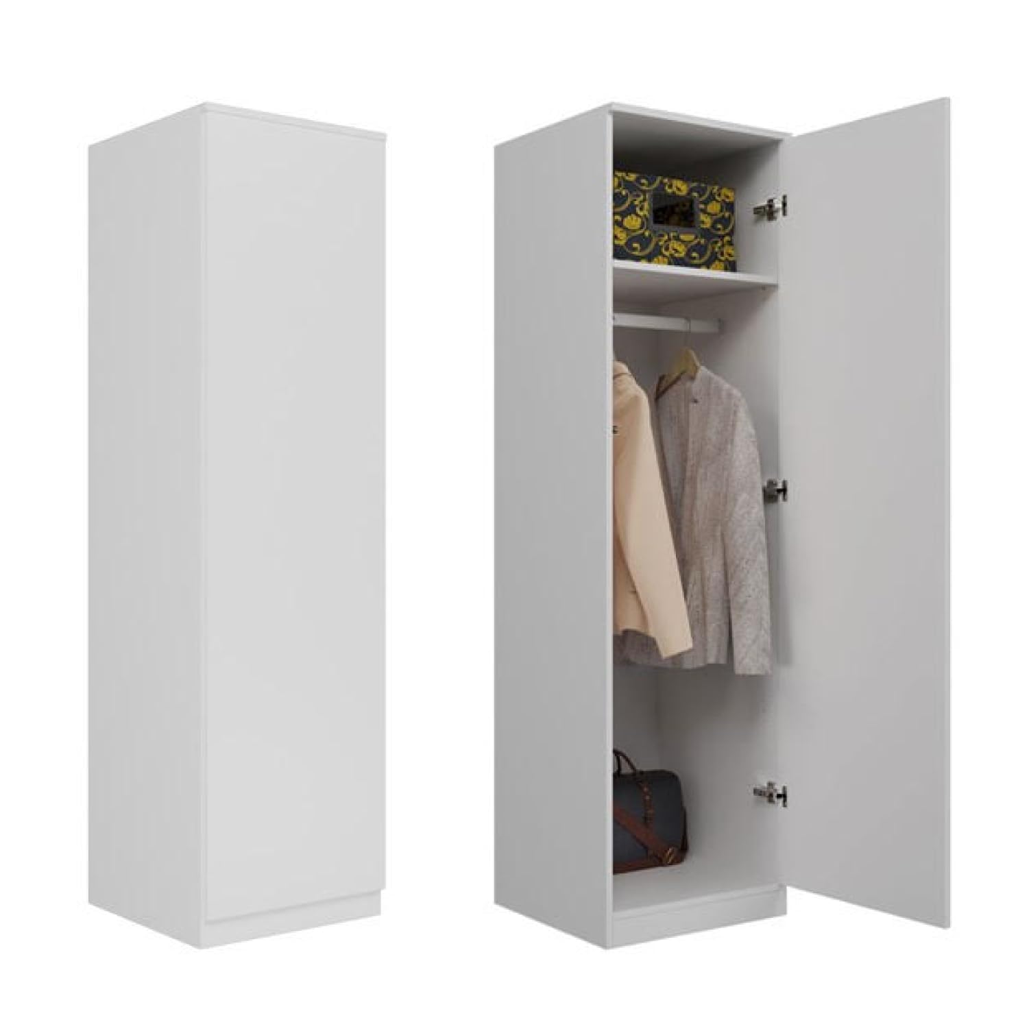 WHATSIZE ENTERPRISE – SD 50 - White Single Push-open Wardrobe – Wooden Storage Cupboard with Folding & Hanging Space - Organise Clothing, & Coats - Modern Décor