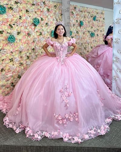 3D Flowers Quinceanera Dresses with Long Train Off Shoulder Ball Gown Ruffled Sleeves Puffy Dress for 15 162