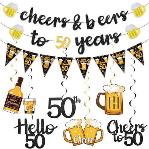Black Gold 50th Birthday Decorations for Him Men Glitter Pre-Strung Cheers to 50 Years Banner Hello 50 Hanging Swirls Paper Triangle Flag Banner Decorations Bday Party Supplies Kit