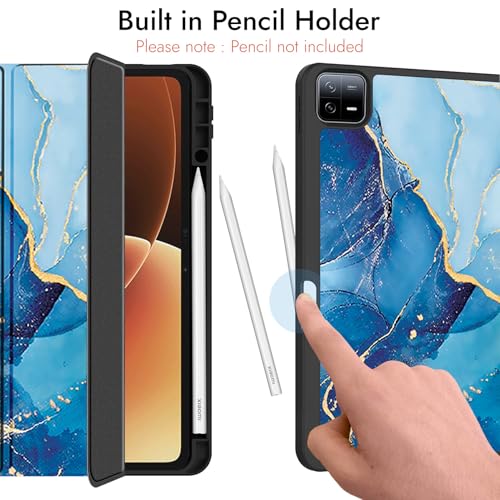 Image of Robustrion Cover for Xiaomi Mi Pad 8 /8 Pro /Xiaomi Pad 7 /7 Pro 11.2 inch Cover Case with [Pencil Holder], Trifold Flip Case Cover for Xiaomi Pad 7 /8 Cover [Auto Sleep Wake] - Marble Blue