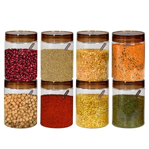 Image of PEARLPET Plastic Containers for Kitchen Storage | Plastic Container Set with Spoon | BPA-Free, Stackable Jars | Brown, 1000ml (Set of 8)