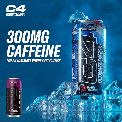 Image of C4 Ultimate Zero Sugar Energy Drink, Tri-Stim Experience with 300mg Caffeine + TeaCrine + Dynamine, Atomic Grape, 16oz (Pack of 12)