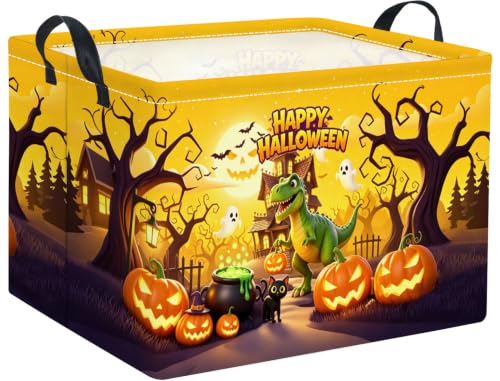 Image of Rectangular Halloween Basket for Boys and Girls Kids Trick or Treat Pumpkin Basket for Halloween Parties Cute Storage Bin Organizer Box Room Decor(Halloween Dinosaur)