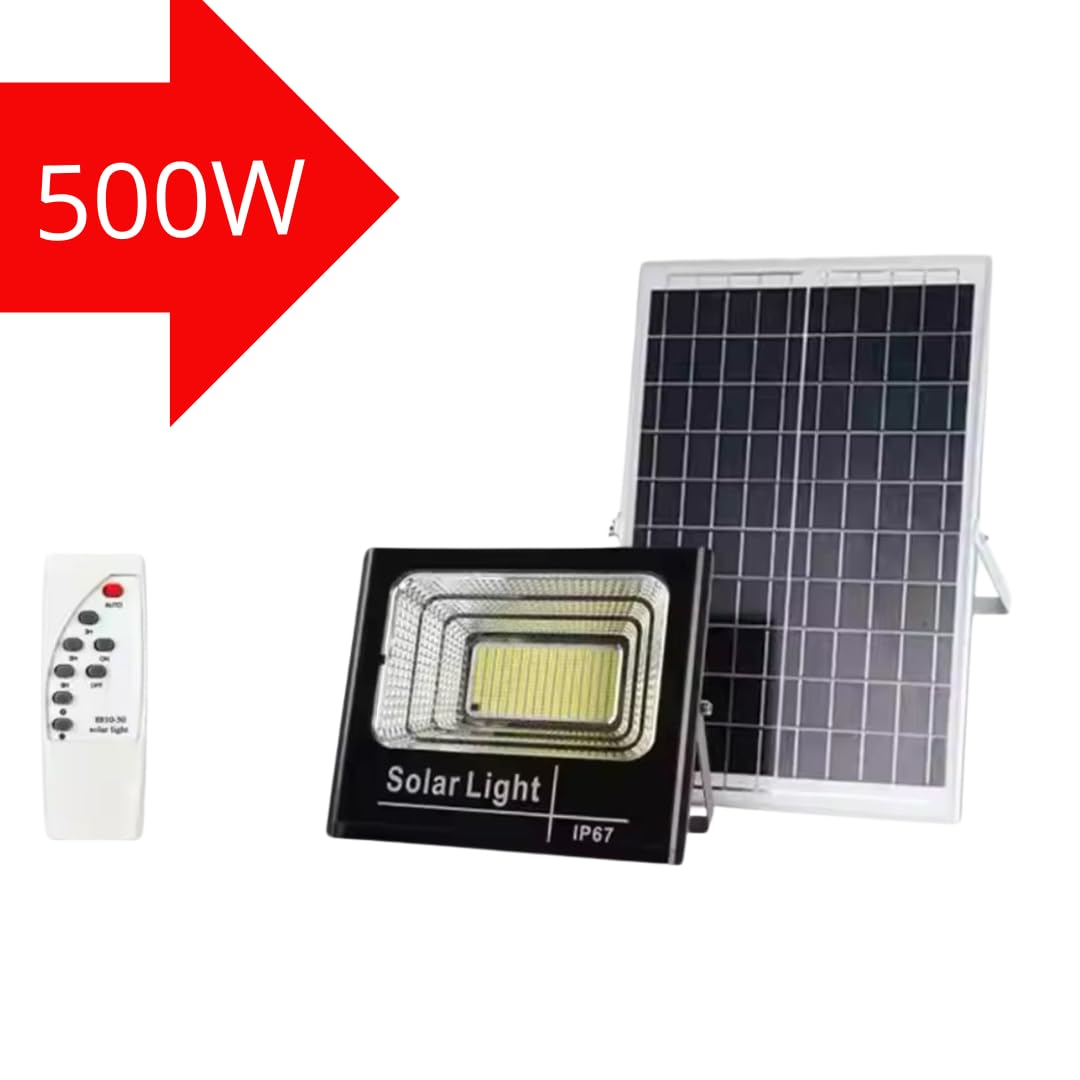 Faro LED Esterno 500W Con Pannello Solare, Telecomando E Staffa - Luce Fredda IP65