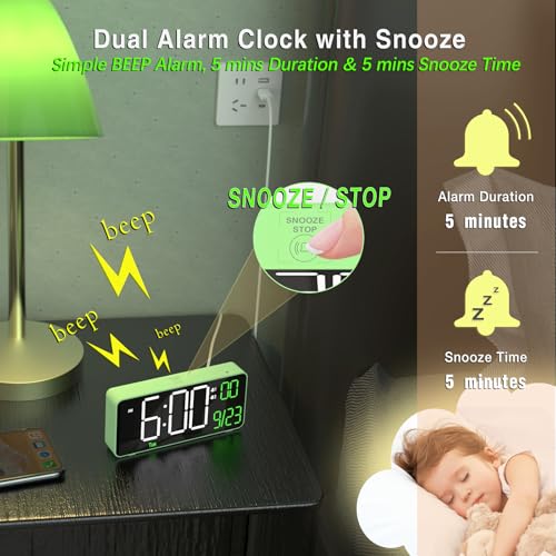 Image of KOSUMOSU Digital Clock for Bedroom, 6.7in Desk Clock, Auto Dimming, Room Temperature, Day of The Week, Date, Seconds, Clocks for Living Room, Alarm Clocks for Bedrooms