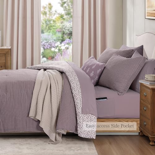 Image of BLOOMHAVEN Queen Comforter Set - 7 Pieces Deep Purple Bedding Sets for All Seasons, Lightweight Breathable Bed in a Bag Queen with Revesible Farmhouse Comforter, Sheets, Pillowcases & Shams