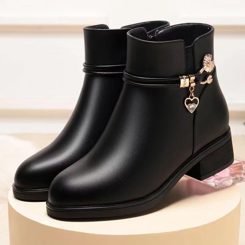 Women's Ankle Booties Soft Leather Platform Side Zipper Sparkling Rhinestones Winter Warm Fur Lined Thickening Snow Boot