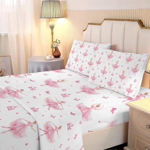 NiuOne Kids Queen Sheets 4Pcs Princess Sheets Cute Queen Sheet for Girls Ballet Dancer Bedding Pink Girls Decoration Bedroom Bedding