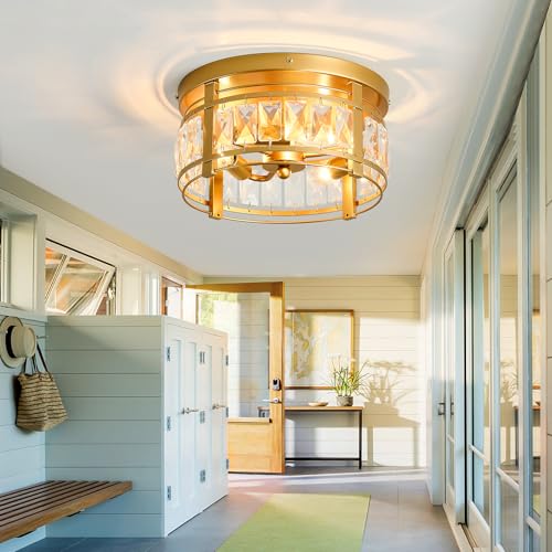 Image of Modern Crystal Ceiling Light Fixture 3 Lights Mini Flush Mount Chandelier Gold Cage Round Ceiling Light for Foyer Hallway Dining Room Living Room Bedroom