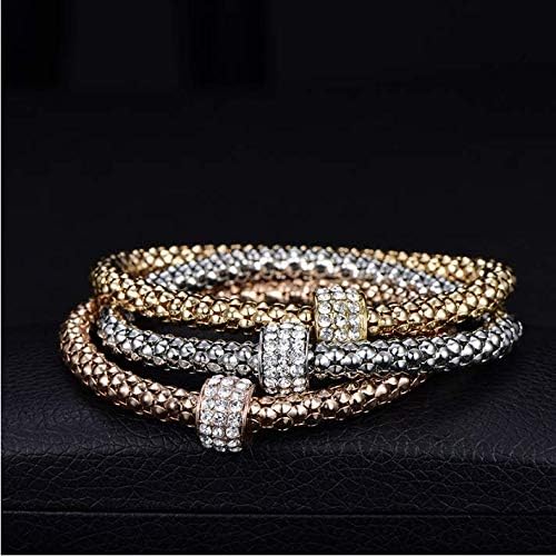 Miniatura 6 de PORPI-JOJO 3 pulseras elásticas de cadena de maíz en tono dorado y plateado, con abalorios, pulsera multicapa para mujeres y niñas