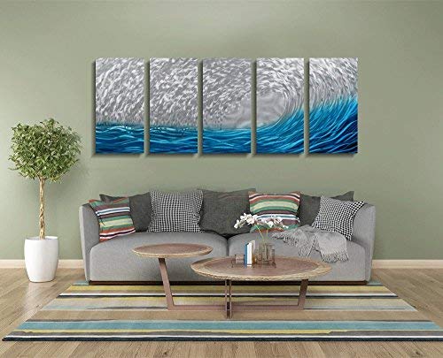 Yihui Arts Metal Wall Art - Silver Sea Waves 3D Sculpture, 5 Piece Hand Crafted Aluminum Coastal Artwork For Large Abstract Living Room, Bedroom, Bathroom Decor - Blue #TOP7