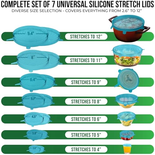 Image of Reusable Silicone Stretch Lids for Food Storage in Fridge - Elastic Heat-Resistant Bowl Covers, Cups, Cans, Jars - Universal Food Grade Lid for Containers - 7 Pack - Blue Mist Stretchy Lid Set