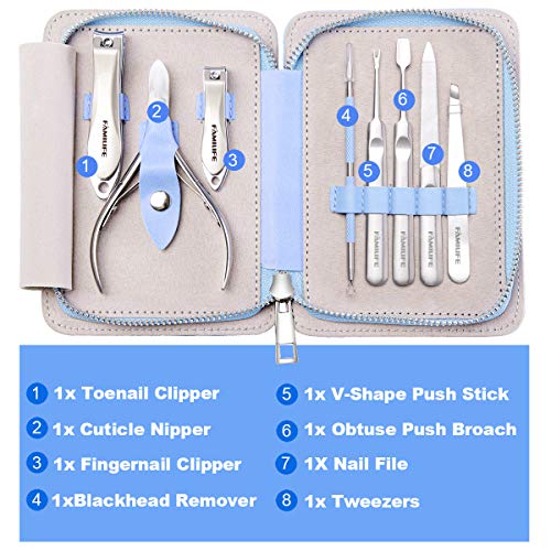 Manicure Set, FAMILIFE L17 Professional Manicure Kit Nail Clippers Set 8 in 1 Stainless Steel Pedicure Tools Kit Grooming Kit with Portable Blue Leather Travel Case for Women Girl Men