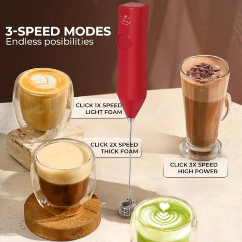 Image of Zulay Kitchen Rechargeable Milk Frother Handheld - Frother Wand, Drink Mixer, Electric Whisk Frother, for Cappuccinos, Matcha & Protein Powder - Dynamic Triple Whisk, 3 Speed 500mAh Red