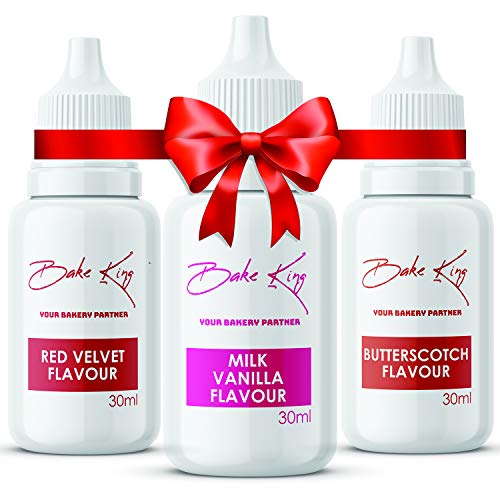 Image of BAKE KING Combo of Red Velvet Milk Vanilla and Butterscotch Flavour 30ML Each Essence for Baking Cakes Jams Jelies Cookies Ice Creams and Puddings Liquid Food Essence (Set of 3)