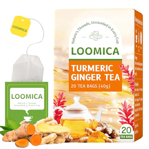 Image of LOOMICA Turmeric Ginger Tea Bags, Caffeine Free, 100% Natural Warm & Spicy Herbal Blend with Zesty Turmeric and Ginger for Comfort, Individually Wrapped Bags, 20 Counts