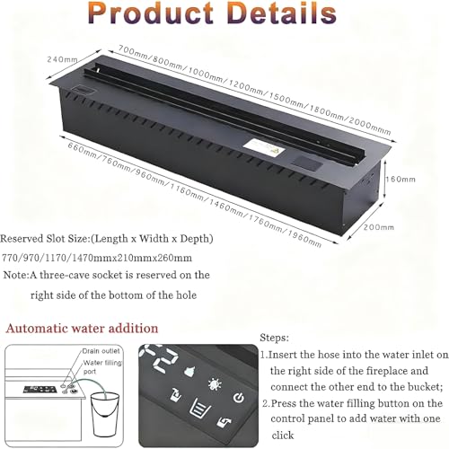 Camino Elettrico con Fiamma Regolabile, Umidificatore, Telecomando App, Riempimento Automatico Acqua, Pannello Ultra-Sottile