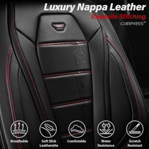 Image of CAR PASS Nappa Leather Car Seat Covers Full Set Faux Leather, Black | Luxury Nappa Leather,360 Full Protection,Water resistant,3D Foam Comfort,Scratch proof,Universal Fit for Most Cars SUV Truck