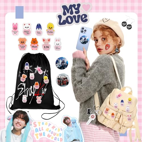 Stray Kids Gifts,Stray Kids Kpop Merch with Drawstring Bag, 8 Cartoon Badges, 50 Stickers, 8 Photocards, 3 Design Bracelet, Necklace, Earrings, Keychain, Straykids Lanyards Merchandise for Fans4