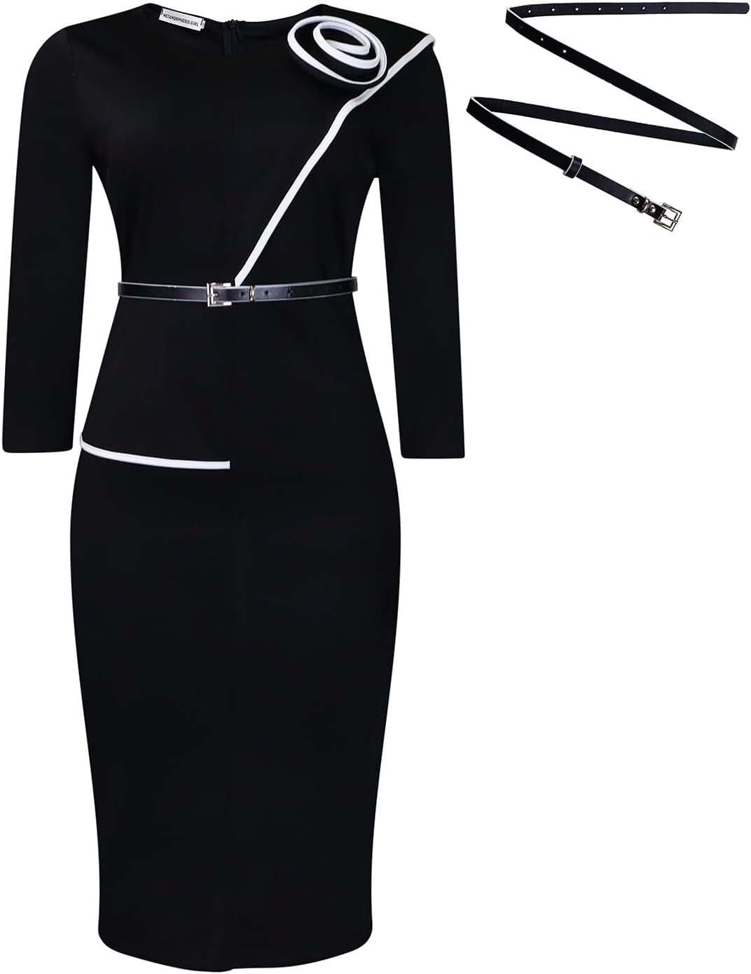 Elegant Church Dress for Women Midi Pencil Dresses Round Neck Business Casual Bodycon Outfits Work with Belt - Image 4