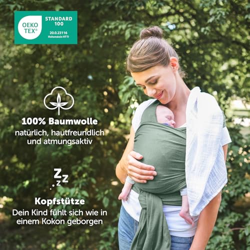 Laleni Tragetuch Baby neugeboren bis 15 kg aus weicher Baumwolle - Babytrage Neugeborene ab Geburt - OEKO-TEX zertifiziertes Tragetuch Kleinkind - Wickeltuch Baby mit 5,10 m Länge - Babytuch in Grün