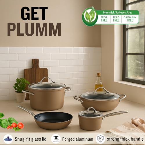 Image of Get Plumm Ceramic 7 Pcs Cookware Set | 16cm Saucepan, 20cm Pot, 26cm Kadhai, 20cm Fry Pan with Lids | ISI Certified | PFAS & PTFE Free | Gas & Induction | 1 Year Warranty | Cream Gold